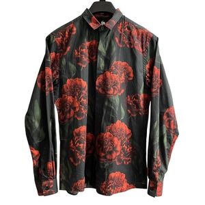 Twisted Tailor Shirt Mens M Black Red Floral Roses Fitted Button Down Event
